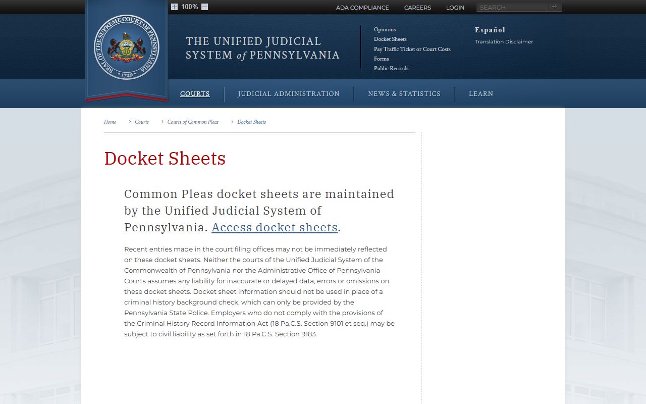 Monroe County court dockets UJS docket sheet information