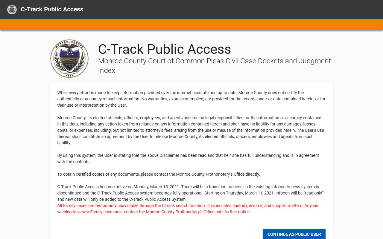Monroe County court records C-Track public access entry