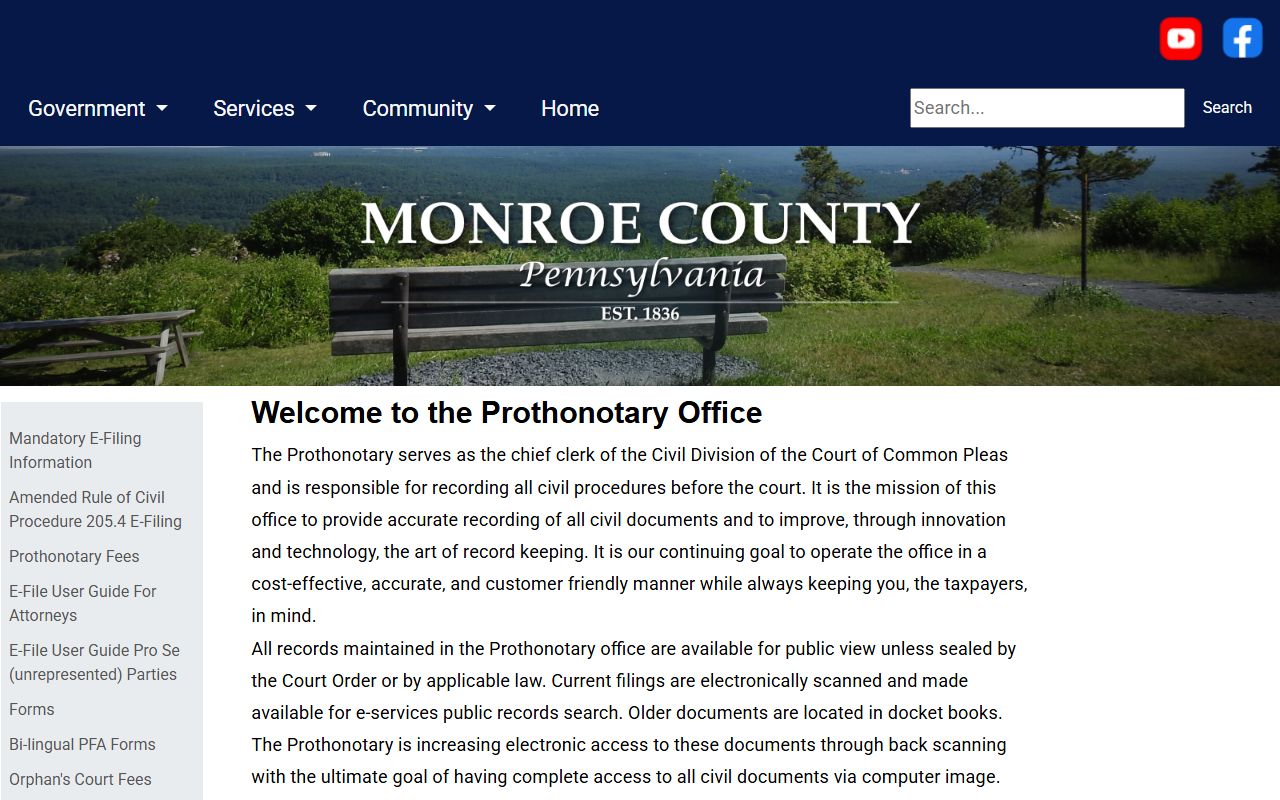 Monroe County court records Prothonotary public access page