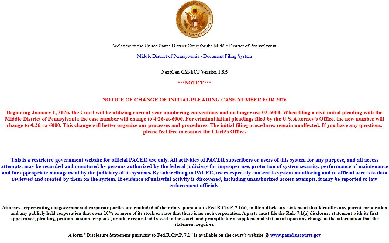 Monroe County Court of Common Pleas Middle District CMECF login distinction