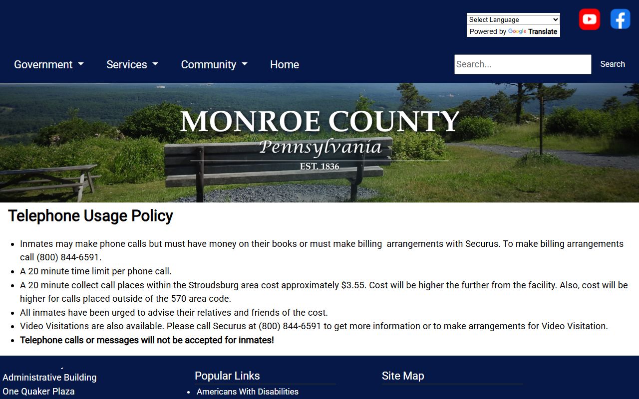 Monroe County inmate records telephone policy and Securus details