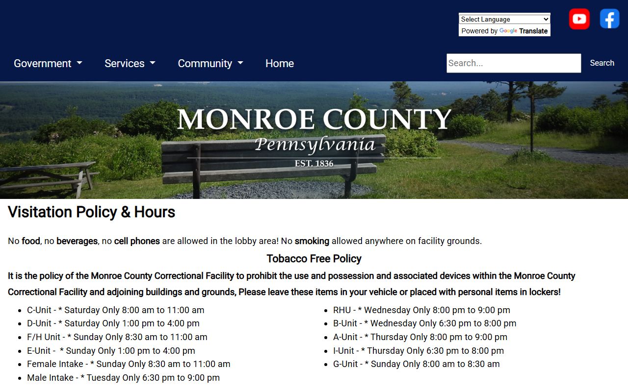 Monroe County inmate records visitation schedule by housing unit