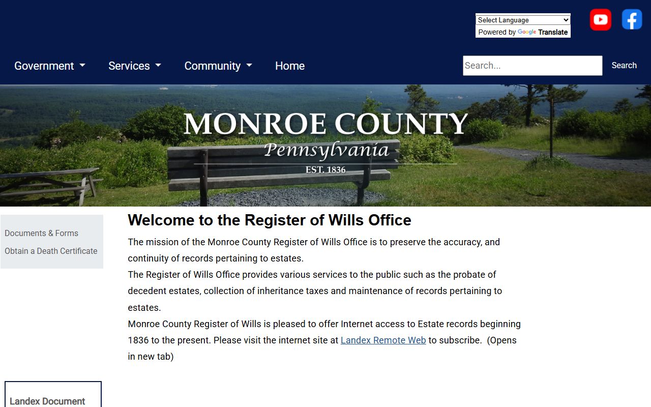 Monroe County probate records Register of Wills page