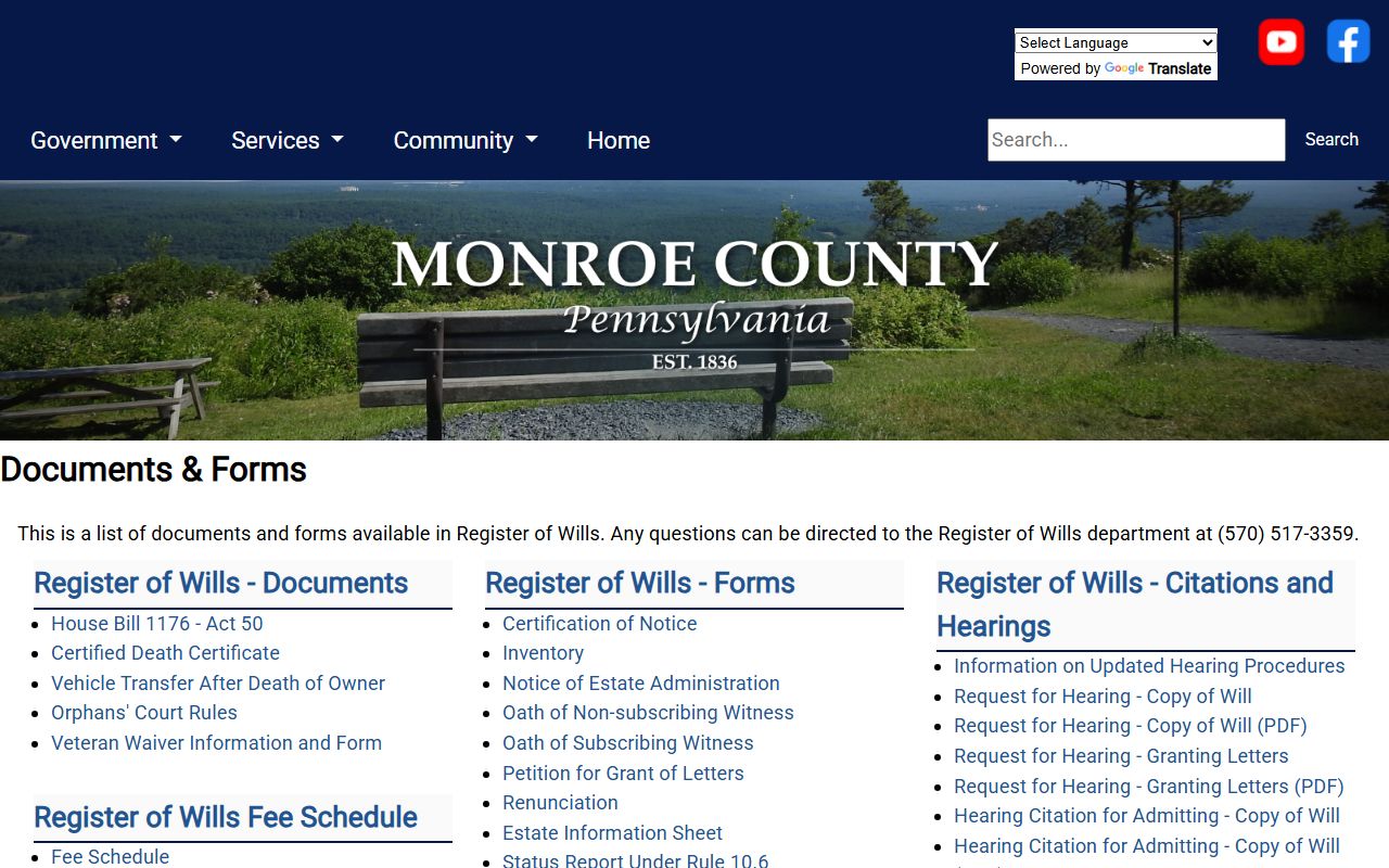 Monroe County probate records Register of Wills forms page